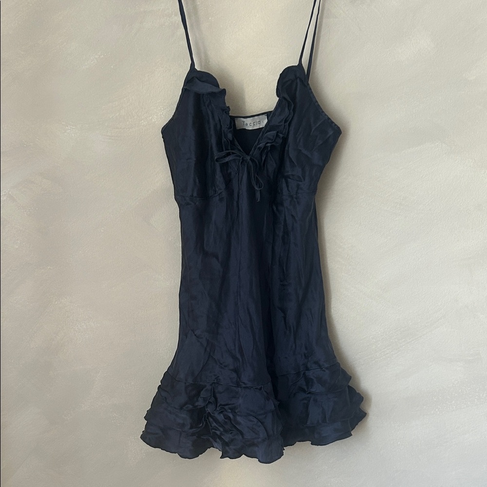 100% Silk Elegant Navy Ruffled Nightgown